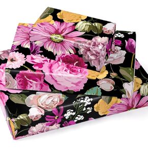 WRAPAHOLIC Vintage Floral Wrapping Paper Sheet - 6 Sheets Black Floral Design Folded Flat for Wedding, Birthday, Party, Baby Showers - 19.7 Inch X 23.5 Inch Per Sheet
