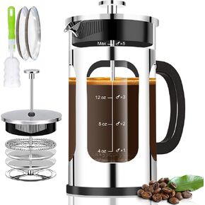French Press Coffee Maker (34oz 1Quart 5-6Cup) Coffee Press, with 4 Filters System, Heat Resistant Thickness Borosilicate Glass, Cold Brew Coffee Tea Pot Gifts (Bright Black)