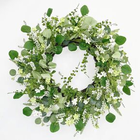 22 Inch White Artificial Daisy Flower Spring Wreath with Eucalyptus Green Leaves Wreath Farmhouse Wreath for Front Door Wall Home Party