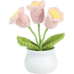 PATIKIL Crochet Flowers, Handmade Knitting 3Head Lily of The Valley Artificial Woven Small Potted with Stems for Valentine's Gifts Home Wedding Party Office Tables Decoration, Red