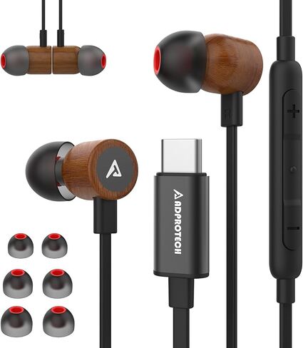 USB C Headphones for iPhone, Type C Earbuds Red Pear Wood Wired HiFi Stereo with Remote & Mic, USB C Earphones Compatible with iPhone 15 Pro Max, Galaxy S23, iPad Pro Device with Type C, Dark Green in Saudi Arabia