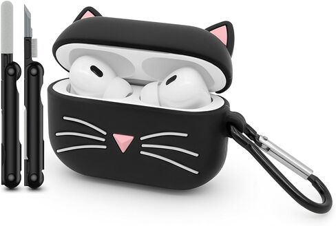Cute Airpods Case, Whisker Cat Airpods 2 Case, 3D Animals Black Cat Kitty Airpods 1st Generation Case, Airpods 2nd Generation Shockproof Silicone Charging Case with Cleaner Kit and Carabiner in Kuwait