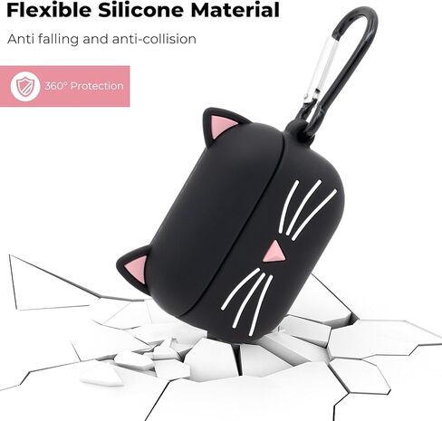 Cute Airpods Case, Whisker Cat Airpods 2 Case, 3D Animals Black Cat Kitty Airpods 1st Generation Case, Airpods 2nd Generation Shockproof Silicone Charging Case with Cleaner Kit and Carabiner in Kuwait