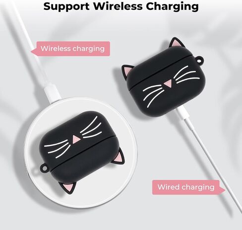 Cute Airpods Case, Whisker Cat Airpods 2 Case, 3D Animals Black Cat Kitty Airpods 1st Generation Case, Airpods 2nd Generation Shockproof Silicone Charging Case with Cleaner Kit and Carabiner in Kuwait