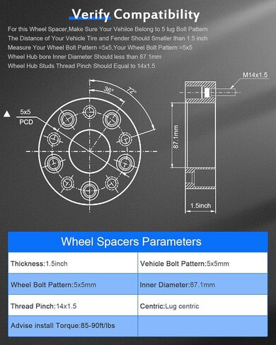 فواصل عجلات ECCPP 2X 1.5 بوصة 5x5 إلى 5x5 87.1 مم CB 5 العروة تناسب 2018-2023 لسيارة Jeep Wrangler|2011-2023 لسيارة Jeep Grand Cherokee|2011-2023 لسيارة Durango مع مسامير 14x1.5 in Saudi Arabia