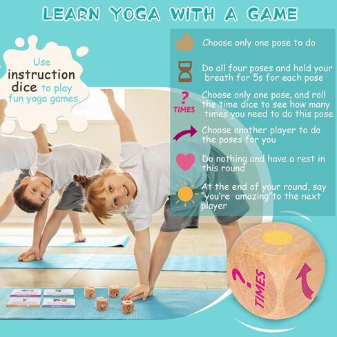 Garybank Kids Yoga Wooden Dice with Yoga Cards, Fun Exercise Dice for Kids Workout Equipment, Workout Dice Game for Kids Solo or Group, 12 Yoga Cards for Kids with Wooden Gift Boxes, Yoga for Kids in Kuwait
