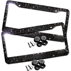 Bling Bling License Plate Frames -2 Pack-8 Row Pure Handmade Waterproof Glitter Rhinestones Crystal License Frames Plate for Cars with 2 Holes with Screws Caps Set