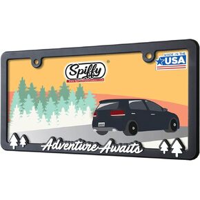 Adventure Awaits License Plate Frame Holder for US/CAN by Spiffy | Cool Exterior Accessory Matte Finish with Glossy Lettering | Weatherproof | Great Gift | Off-Road RV or Camper Van | Made in The USA
