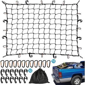 شبكة شحن Kohree لسرير شاحنة الالتقاط، مقاس 3'x4' تمتد إلى 6'x8' لحامل سقف سيارات الدفع الرباعي لشاحنات المقطورات، شبكة سلة شحن بنجي شديدة التحمل مقاس 3x3 بوصة مع 12 حلقة تسلق معدنية و12 خطافًا وحقيبة تخزين واحدة