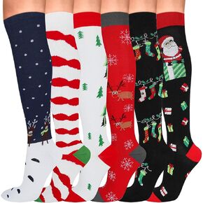 Athbavid 6 Pairs Christmas Compression Socks for Women & Men, Knee High Compression Socks 15-20 mmHg with Christmas Patterns