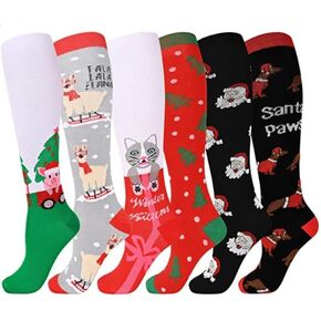 Athbavid 6 Pairs Christmas Compression Socks for Women & Men, Knee High Compression Socks 15-20 mmHg with Christmas Patterns
