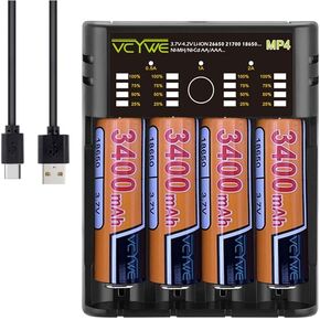 4 Slots Smart Charger 18650 Battery Charger Pack Compatible with Rechargeable Li-ion 3.6V/3.7V 16340 16650 18650 22650 26650 Ni-MH Ni-Cd 1.2V AA AAA Current 0.5A 1.0A 2.0A Optional