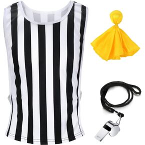 Jiuguva Children's Kids Referee Shirt Costume Set,White and Black Jersey Stripe Referee Shirt Referee Pinnie Yellow Penalty Flag and Stainless Steel Whistle with Lanyard for Football Soccer Basketball