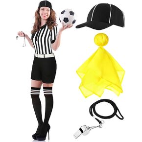 5 Pcs Referee Costume for Women Carnival Halloween Ref Uniform with Belt Hat Whistle Yellow Penalty Flags Long Socks