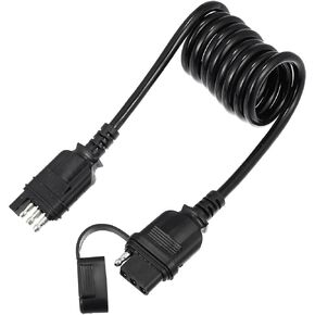 X AUTOHAUX 5FT 4 Way Flat Wire Extension Male Female Trailer Coiled Adapter 60 Inch 4 Pin Trailer Wiring Harness Connector Coiled Cable for Motorbike ATV Marine Boat Hitch Trailer 18 Guage