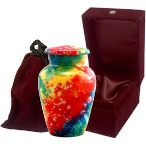 Tie Dye Keepsake Urn Set of 4 | Tiedye Mini Cremation Urn for Ashes | Multi Color Token Urn | Colors of Life Urn | Color Burst Tie-Dye Memorial Sharing Urn with Velvet Case & Bag (Keepsake Set of 4)