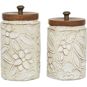 Deco 79 Ceramic Handmade Intricately Carved Decorative Jars with Wood Lids, Set of 2 9", 10"H, White