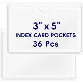 36 Pcs Adhesive Index Card Pockets with Top Open, Self Adhesive Label Holders for 3" x 5" Index Card, Clear Adhesive Pockets for Storage Bins, Note Cards, Lockers, Library (3.74 x 5.3 Inches)