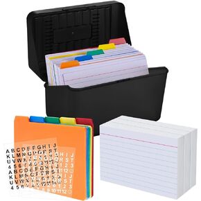 Index Card Holder with Dividers and Ruled Index Cards, Include 30 Index Card Dividers 300 Ruled Index Cards 2 Sheets Alphabet Sticker Index Card Storage Box Organizer (Black, 3 x 5 Inch)