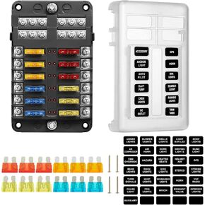 12V Fuse Block, 12 Way Marine Fuse Block with Led Indicator Damp-Proof Cover 12 Circuits Fuse Box with Negative Bus Fuse Panel for Car Boat RV Truck Dc 12/24V