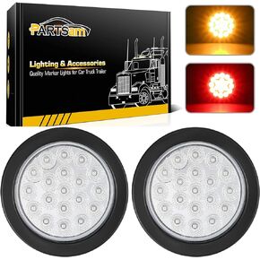 Partsam 2Pcs 4 Inch Round Red Stop Turn Tail Lights to Amber Strobe Lights Kit 19 Diodes w/Rubber Grommets & 3-Prong Wire Pigtails, Red/Amber Round Led Truck Trailer Tail Lights and Indicator Lights