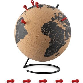 Navaris Cork Globe مع دبابيس - خريطة العالم لديكور السفر مقاس 8 بوصات مع علامات دبوس الدفع - تتضمن 10 دبابيس تحديد موقع خشبية - مقاس M، طباعة سوداء