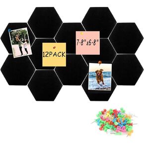 12 Pack Hexagon Felt Cork Bulletin Board for Walls with 50 Push Pins, 7.8"x6.8" Self Adhesive Felt Pin Board Tiles for Pictures Photos Memos Home Office Classroom Wall Creative Decor (Black)