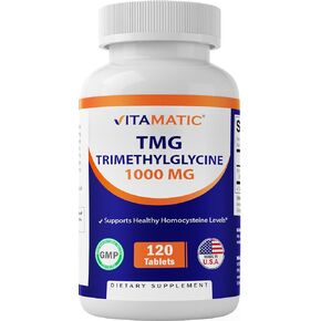 Vitamatic TMG Supplements 1000mg - Trimethylglycine - Betaine Anhydrous - 120 Tablets - 120 Servings - Non-GMO & Gluten Free