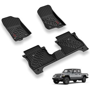 3W Floor Mats Compatible for Jeep Gladiator 2020-2024, Custom Fit TPE All Floor Liner for Weather Jeep Gladiator,1st & 2nd Row Full Set Car Liners with red Logo,Black
