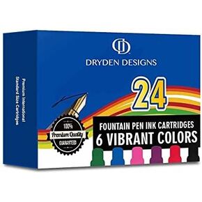 Dryden Designs Fountain Pen Ink Cartridges - Set of 24 Assorted Colors: Black, Blue, Green, Purple, Red, Pink - Short International Standard Size - Disposable and Generic Ink Refill Cartridges.