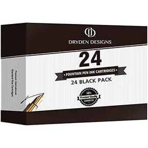 Dryden Designs Fountain Pen Ink Cartridges - Set of 24 Assorted Colors: Black, Blue, Green, Purple, Red, Pink - Short International Standard Size - Disposable and Generic Ink Refill Cartridges.