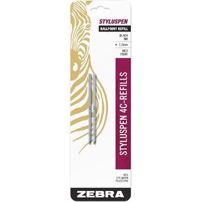 Zebra Pen StylusPen Telescopic Ballpoint 4C Refill, Medium Point, 1.0mm, Black Ink, 2-Count