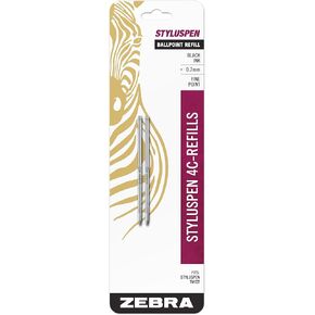 Zebra Pen StylusPen Telescopic Ballpoint 4C Refill, Medium Point, 1.0mm, Black Ink, 2-Count