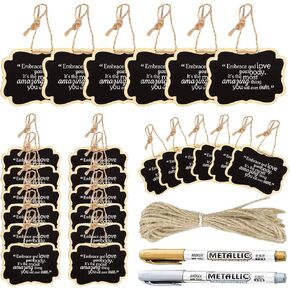 24 Pack Chalkboard Tags with String, ULENDIS 2.36x3.35 Inch Mini Wood Chalkboards Signs with Gold and Silver Markers, Hanging Chalkboard Labels Massage Board Signs, Price Tags in Kuwait