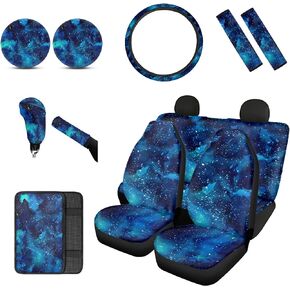 Galaxy Wolf Men Car Interior Front Rear Seats Covers, Auto Safety Seat Belt Cover, Center Console Armrest Pad Cover, Streering Wheel Cover, Shift Knob Cover Handbrake Cover, Coasters 12pcs