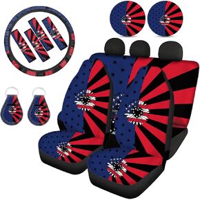 Howilath American Flag July of 4Th Patriotic Car Car Seat Covers Full Set/Steering Wheel Covers/Seat Belt Pads(4 Pack),Keyrings,Coaster,Universal 13 Pieces Auto Accessories