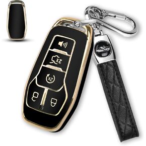 غطاء مفتاح Fob لسيارة Ford مع سلسلة مفاتيح، غطاء حماية لمفتاح السيارة من مادة TPU الناعمة لسيارة Ford Mustang Fusion Explorer Edge Lincoln MKC MKX MKZ، حامل حماية كامل لجهاز التحكم عن بعد للدخول بدون مفتاح بـ 5 أزرار، أزرق