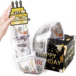 Happy Birthday Day Money Box Gift for Cash Gift Pull ，DIY Birthday Money Boxes Set，Black & Gold Surprise Money Holder Party Decorations for Friends Gift Card Box for Parents, Lovers, Kids