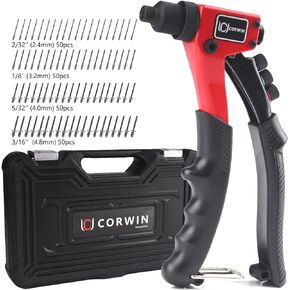 1001 مسدس برشام يدوي واحد مقاس 8 بوصات 3/32 بوصة (2.4 مم)، 1/8 بوصة (3.2 مم)، 5/32 بوصة (4 مم)، و3/16 بوصة (4.8 مم) مع 200 قطعة برشام - كل حجم 50 قطعة حقيبة حمل بلاستيكية مصبوبة بالنفخ in Kuwait