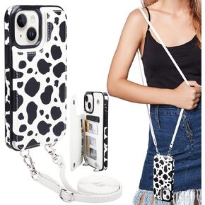 Crossbody Wallet Case for iPhone 12/12 Pro 6.1 inch with Card Holder Card Slot- RFID Blocking Protector Shockproof Purse Cover with Removable Cross Body Wrist Lanyard Strap(Black Cow Print)