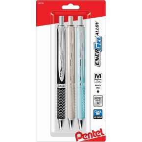 Pentel Energel Alloy Rt Retractable Liquid Black Ink Metal Gel Pen - 3 Pack - 0.7mm Medium Tip - Black, Silver, & Aquamarine Color Barrel - Professional Pen for Business Executive Women & Men.