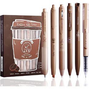 Cute Coffee Pens 5Pcs Gel Ink Pens Retractable Pens and 1Pcs Highlighter 0.5mm Fine Point Black Ink Kawaii Smooth Writing Pens for School Office Supplies Aesthetic Supplies Pens