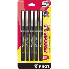 أقلام حبر سائلة بغطاء من بايلوت، Precise V5، ذات نقطة دقيقة للغاية 0.5 مم، أسود، عبوة من 5 قطع