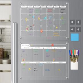 Acrylic Magnetic Dry Erase Calendar Board for Fridge, 17"x12" - Erasable Monthly and Weekly Planner with to-Do List, Includes 6 Markers and Eraser
