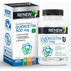 Renew Actives Quercetin 500mg - Max Potency, Natural Bioflavonoid Antioxidant - Free Radical Defense, Powerful Immune & Circulatory Protection - Boosted Energy for a Healthier Lifestyle - 60 Capsules