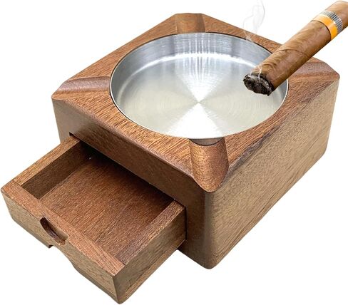 منفضة سجائر سيجار خشبية، صواني رماد سيجار للرجال في الهواء الطلق، ملحقات سيجار، إكسسوارات ويسكي للرجال، منفضة سجائر سيجار للفناء الخارجي، هدايا سيجار (بني، متوسط) (M) in Kuwait