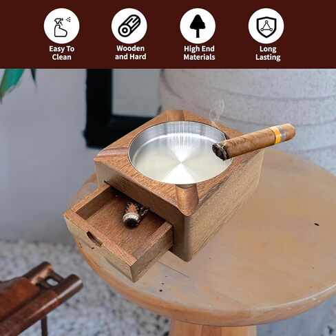 منفضة سجائر سيجار خشبية، صواني رماد سيجار للرجال في الهواء الطلق، ملحقات سيجار، إكسسوارات ويسكي للرجال، منفضة سجائر سيجار للفناء الخارجي، هدايا سيجار (بني، متوسط) (M) in Kuwait