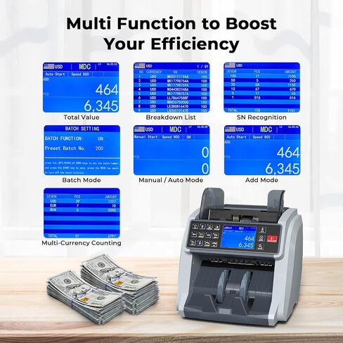 MUNBYN Money Counter Machine Mixed Denomination, Built-in Printer Mixed Denomination Money Counter, Value Counting Bill Counter, Serial Number, Multi Currency, 2CIS/UV/IR/MG/MT Counterfeit Detection in Saudi Arabia