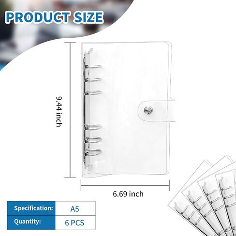 6PCS A5 PVC 6-Ring Binder Cover, Soft Round Ring Binder Cover, Loose Leaf Folder Snap Button Closure, Transparent Protector, Refillable Planner Binder for Meeting, Travel, Office Supplies in Saudi Arabia