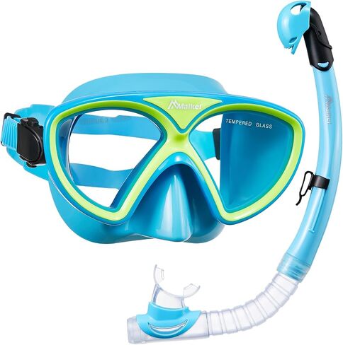 Kids Snorkeling Set Snorkel Mask Dry Top Snorkeling Gear Anti-Fog Diving Mask Tempered Glass with Mesh Bag for Kids Youth in Saudi Arabia